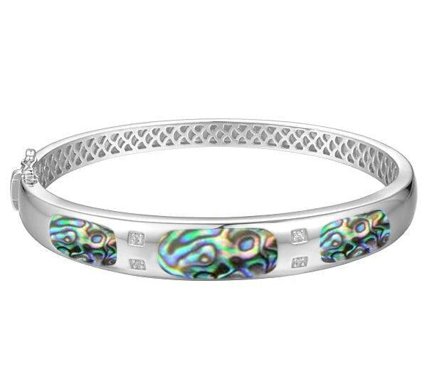 Sterling silver bangle featuring three inlayed rectangles of Abalone shell.