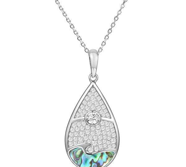 Abalone, white topaz, and sterling silver pendant featuring a sun and wave design. 