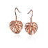 This picture shows a pair of 14K rose gold anthurium flower hook earrings.