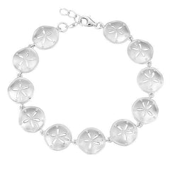 The picture shows a 925 sterling silver white gold-plated sand dollar bracelet with topaz
