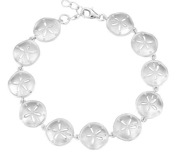 The picture shows a 925 sterling silver white gold-plated sand dollar bracelet with topaz