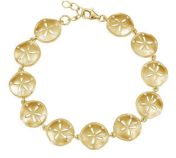 The picture shows a 925 sterling silver yellow gold-plated sand dollar bracelet with topaz