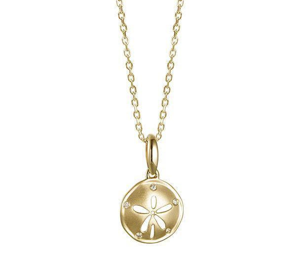 The picture shows a small size 14K yellow gold sand dollar pendant with diamonds.