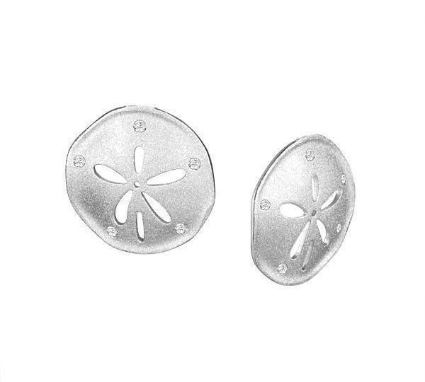 The picture shows a pair of 925 Sterling silver sand dollar stud earrings with topaz.