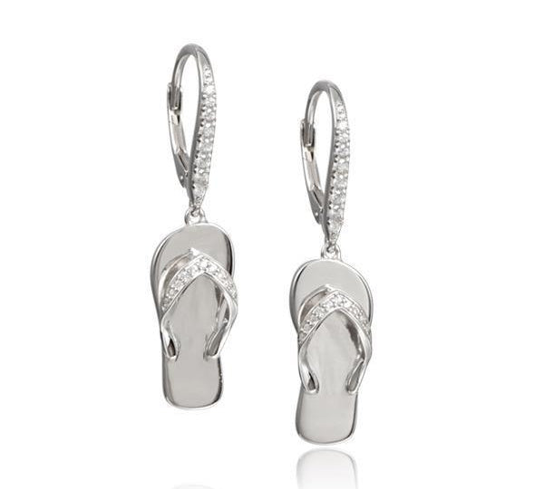 In this photo there is a pair of 925 sterling silver beach slipper lever-back earrings with topaz gemstones.