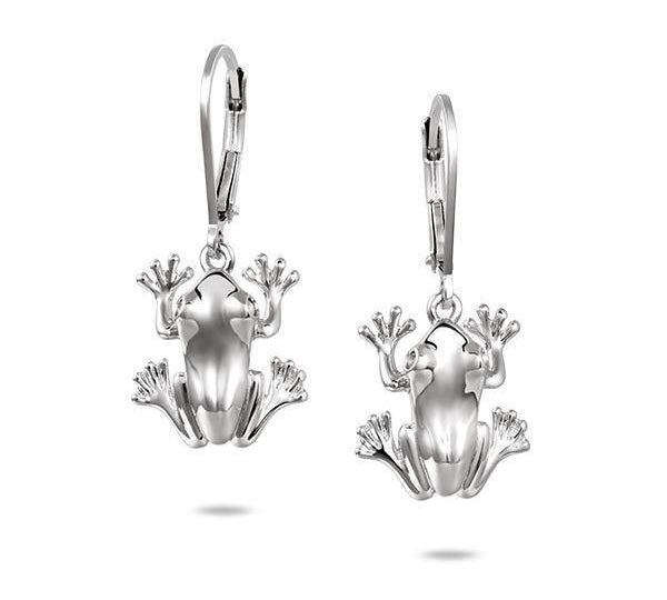In this photo there is a pair of 925 sterling silver coqui frog lever-back earrings with aquamarine gemstones.