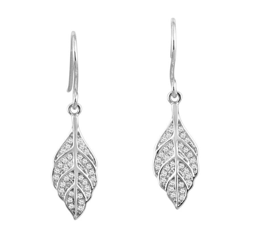 The picture shows a pair of 14K white gold diamond maile leaf hook earrings.
