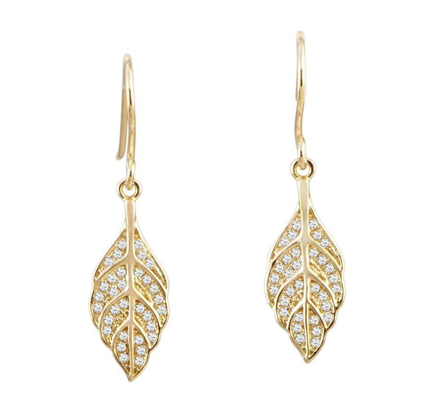 The picture shows a pair of 14K yellow gold diamond maile leaf hook earrings.