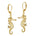 The picture shows a pair of 14K yellow gold diamond seahorse hook lever-back earrings.