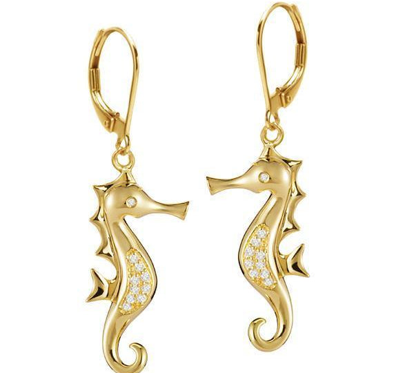 The picture shows a pair of 14K yellow gold diamond seahorse hook lever-back earrings.