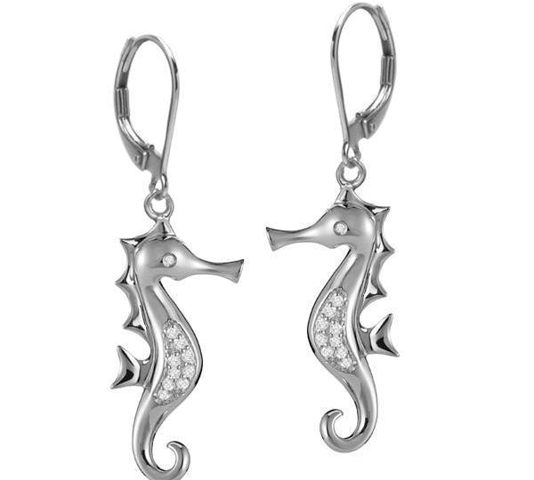 The picture shows a pair of 14K yellow gold diamond seahorse hook lever-back earrings