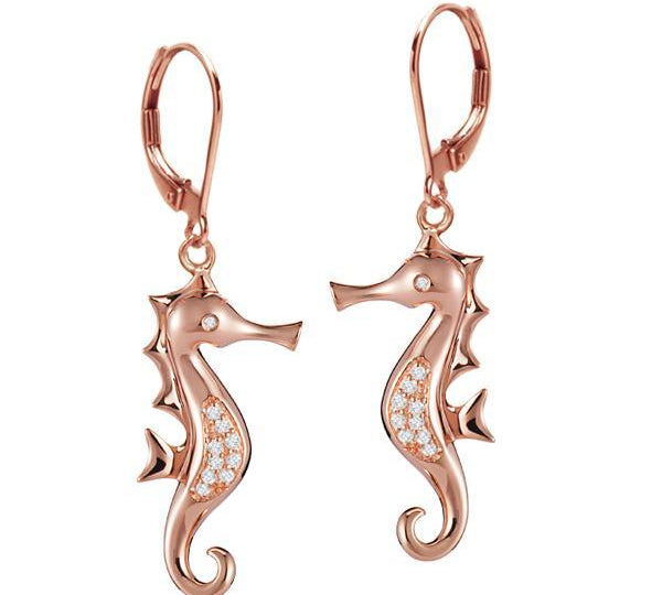 The picture shows a pair of 14K rose gold diamond seahorse hook lever-back earrings.