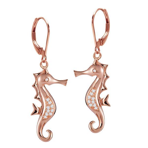 The picture shows a pair of 14K rose gold diamond seahorse hook lever-back earrings.