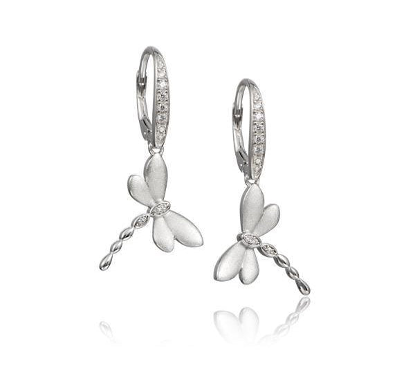 In this photo there is a pair of 925 sterling silver dragonfly lever-back earrings paired with topaz gemstones.