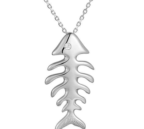 The picture shows a 14K white gold fish bone pendant with a diamond eye.