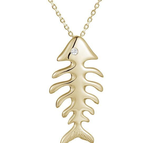 The picture shows a 14K yellow gold fish bone pendant with a diamond eye.