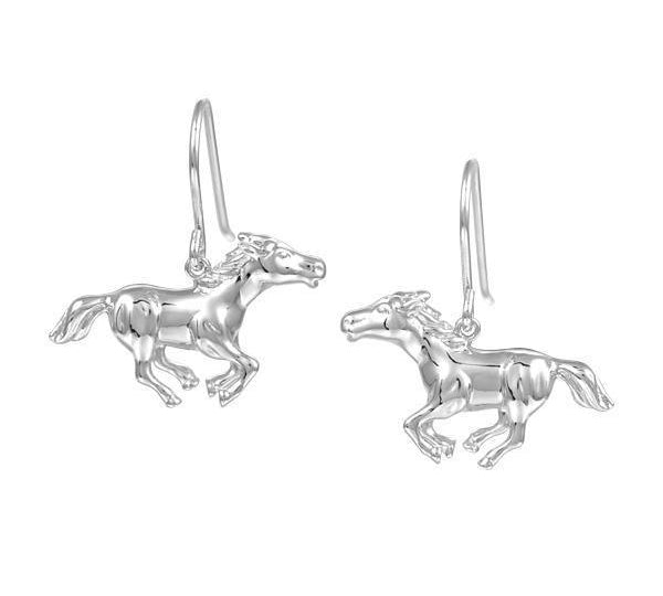 In this photo there is a pair of 925 sterling silver galloping horse hook earrings.