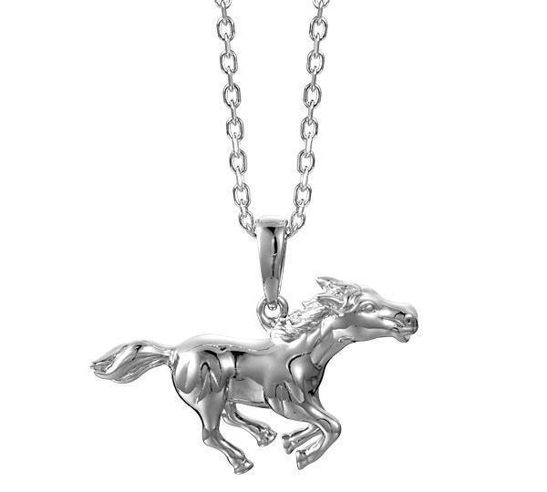 In this photo there is a sterling silver galloping horse pendant.
