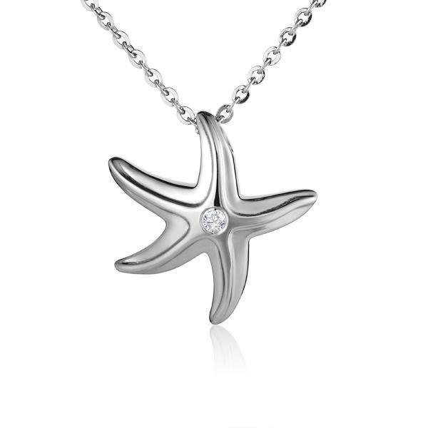 The picture shows a 925 sterling silver white gold vermeil starfish pendant with cubic zirconia.