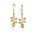 In this photo there is a pair of 14k yellow gold heliconia flower hook earrings.