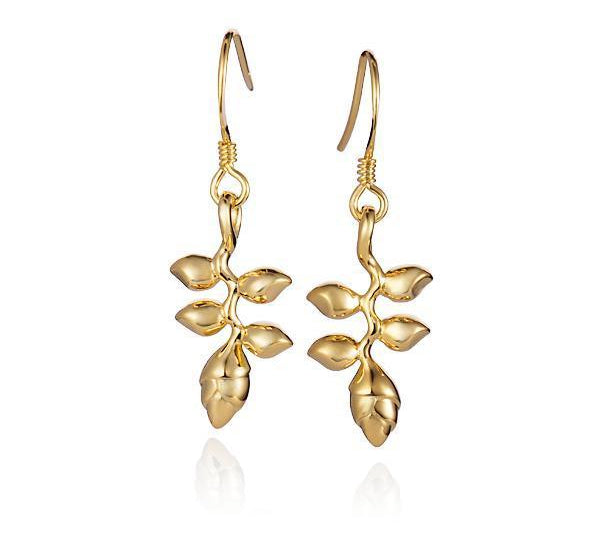 In this photo there is a pair of 14k yellow gold heliconia flower hook earrings.