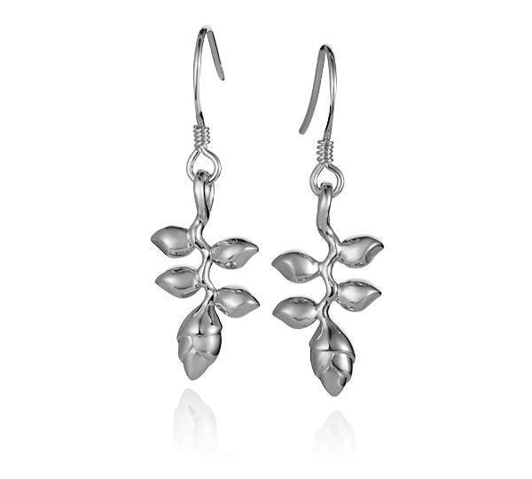 In this photo there is a pair of 14k white gold heliconia flower hook earrings.