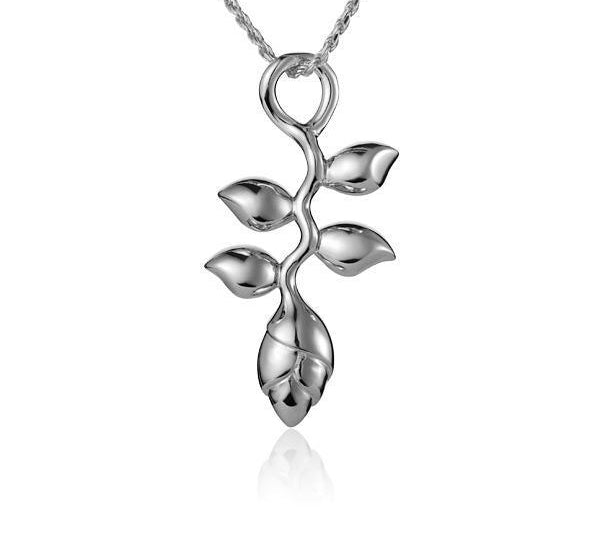 In this photo there is a white gold heliconia flower pendant.