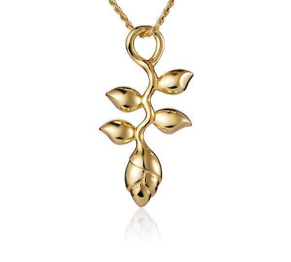 In this photo there is a yellow gold heliconia flower pendant.