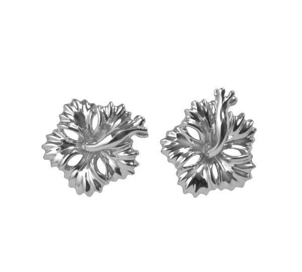 In this photo there is a pair of 14k white gold hibiscus stud earrings.