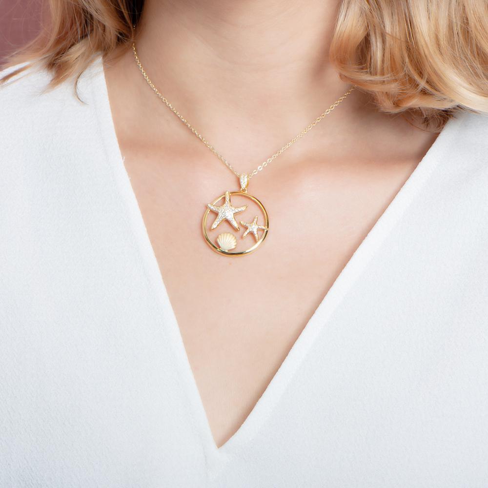 The picture shows a 925 sterling silver, yellow gold plated, two starfish circle pendant with topaz.