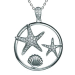 The picture shows a 925 sterling silver, white gold plated, two starfish circle pendant with topaz.
