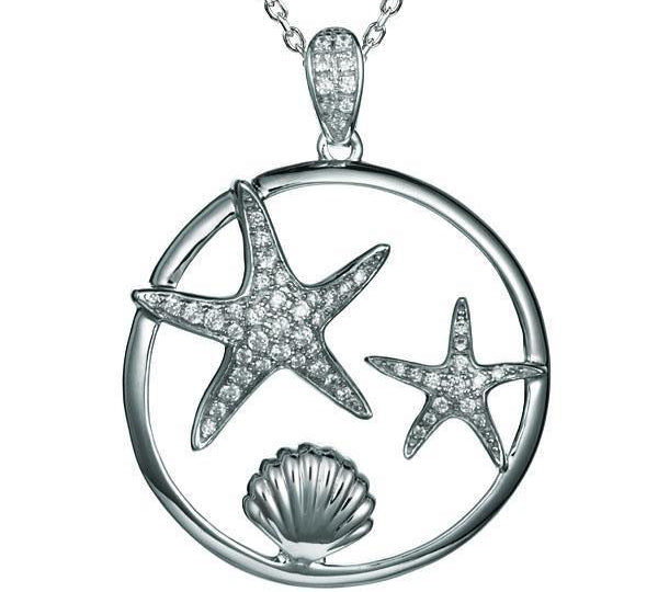 The picture shows a 925 sterling silver, white gold plated, two starfish circle pendant with topaz.