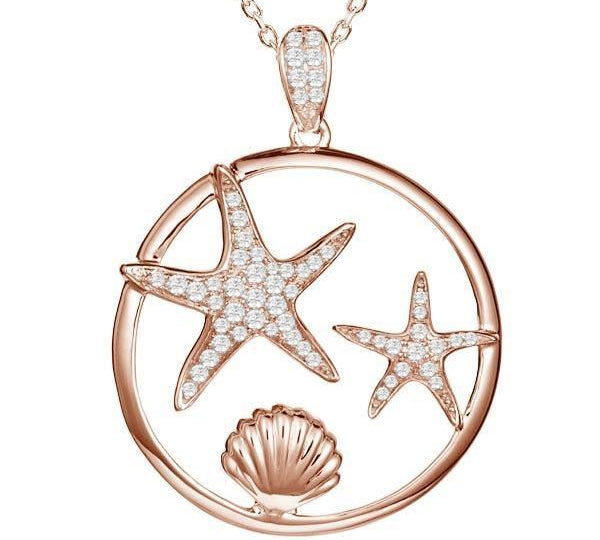The picture shows a 925 sterling silver, rose gold plated, two starfish circle pendant with topaz.