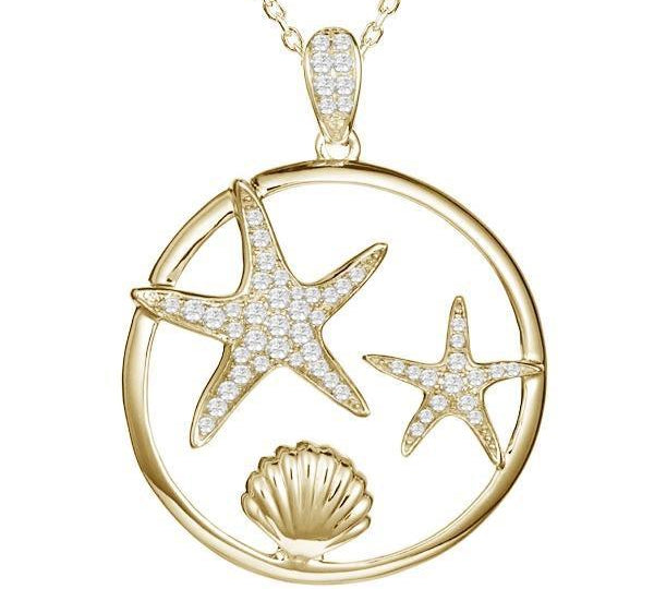 The picture shows a 14K yellow gold two starfish and sea shell pendant with diamonds.