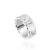 The picture shows a 925 sterling silver 8 mm ring with hand engravings including sea turtles.