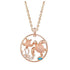 The picture shows a 14K rose gold circle pendant featuring two sea turtles, sea weed made of diamonds and  aquamarine.