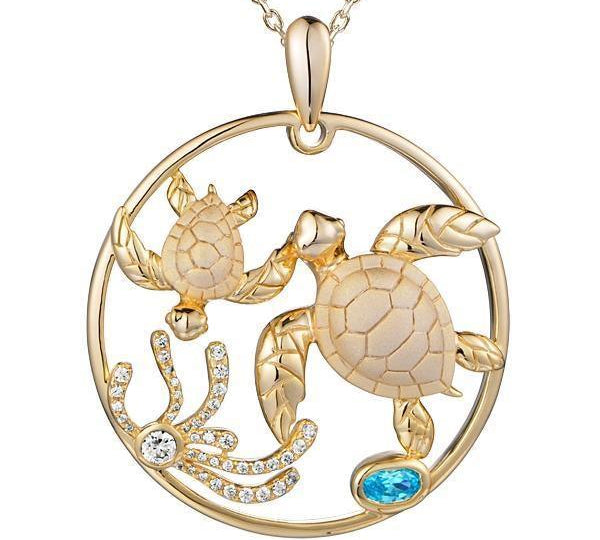 The picture shows a 925 sterling silver, yellow gold plated, eternity pendant with two sea turtles and seaweed with  aquamarine.