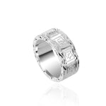 The picture shows a 925 sterling silver 8mm ring with hand engravings including sea turtles