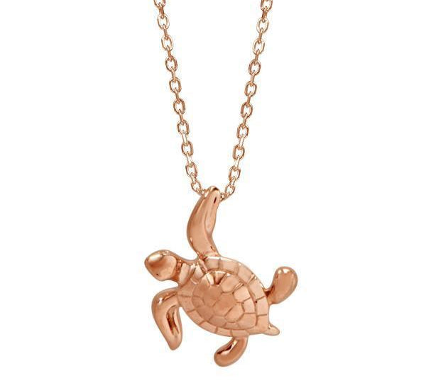 The picture shows a 14K rose gold sea turtle necklace.
