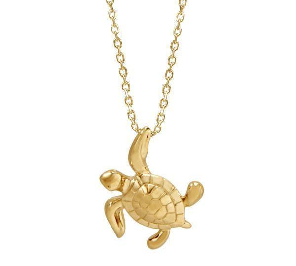 The picture shows a 14K yellow gold sea turtle necklace.