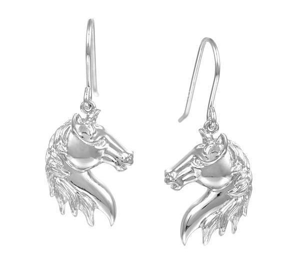 In this photo there is a pair of 925 sterling silver horse head hook earrings