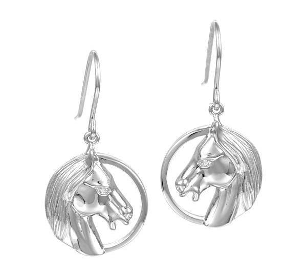 In this photo there is a pair of sterling silver horse head hook earrings.