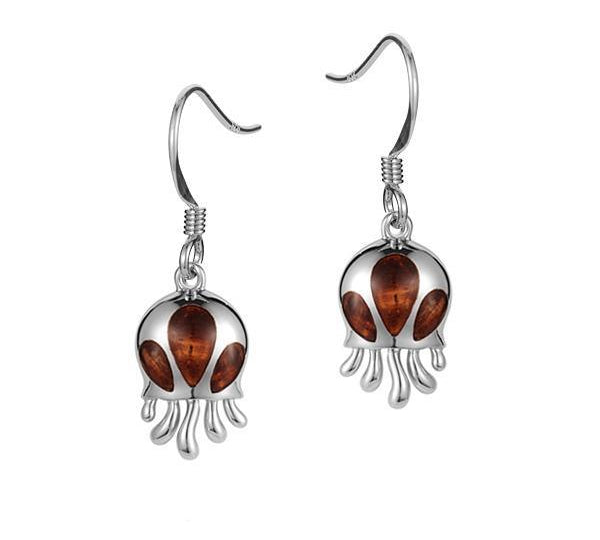 In this photo there is a pair of 925 sterling silver and koa wood atolla jellyfish hook earrings.
