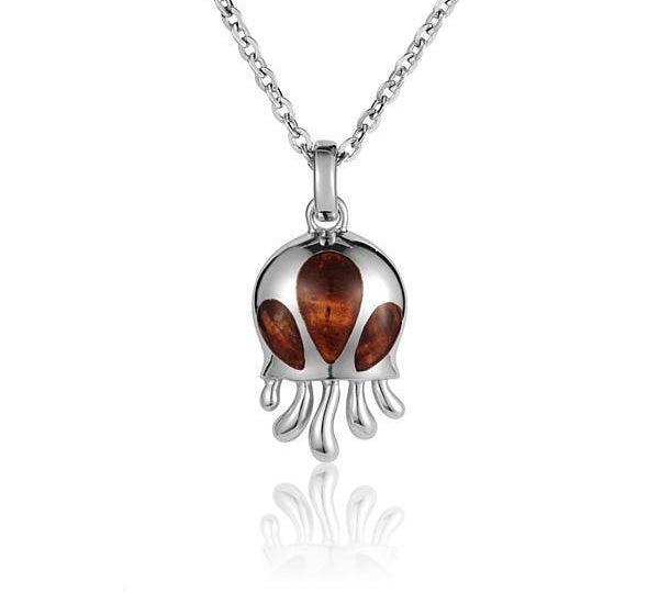 Sterling silver and koa wood jellyfish pendant.