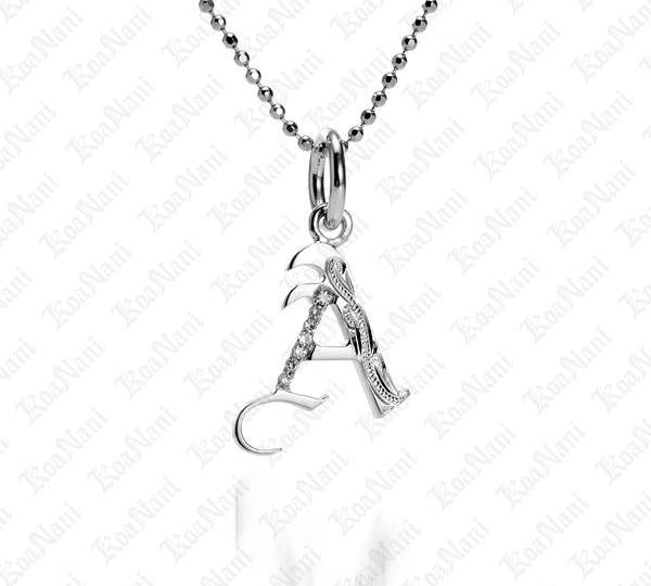 The picture shows a 14K white gold Koa Nani A initial pendant.