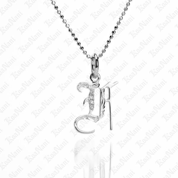 The picture shows a 14K white gold Koa Nani F initial pendant.