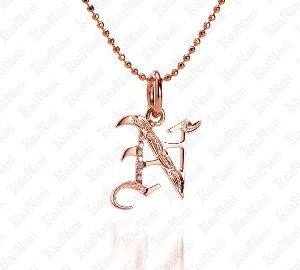 The picture shows a 14K rose gold Koa Nani N initial pendant.