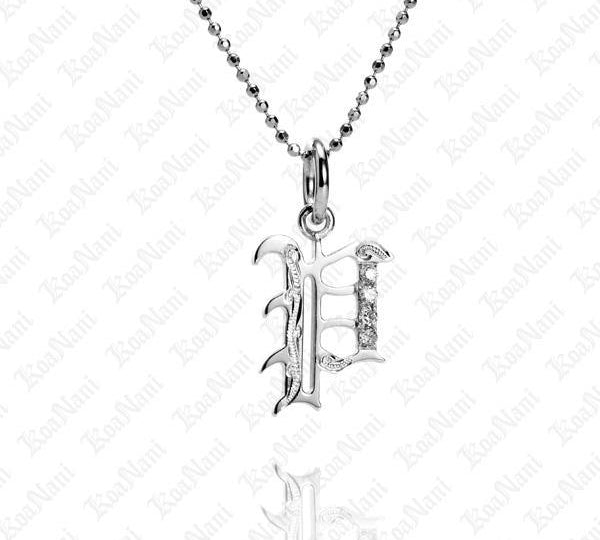The picture shows a 14K white gold Koa Nani P initial pendant.