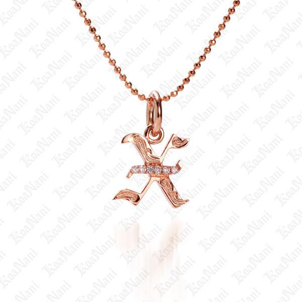 The picture shows a 14K rose gold Koa Nani X initial pendant.