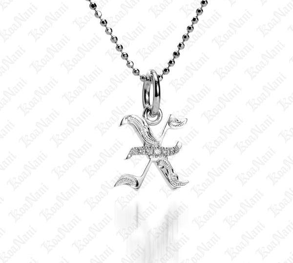 The picture shows a 14K white gold Koa Nani X initial pendant.